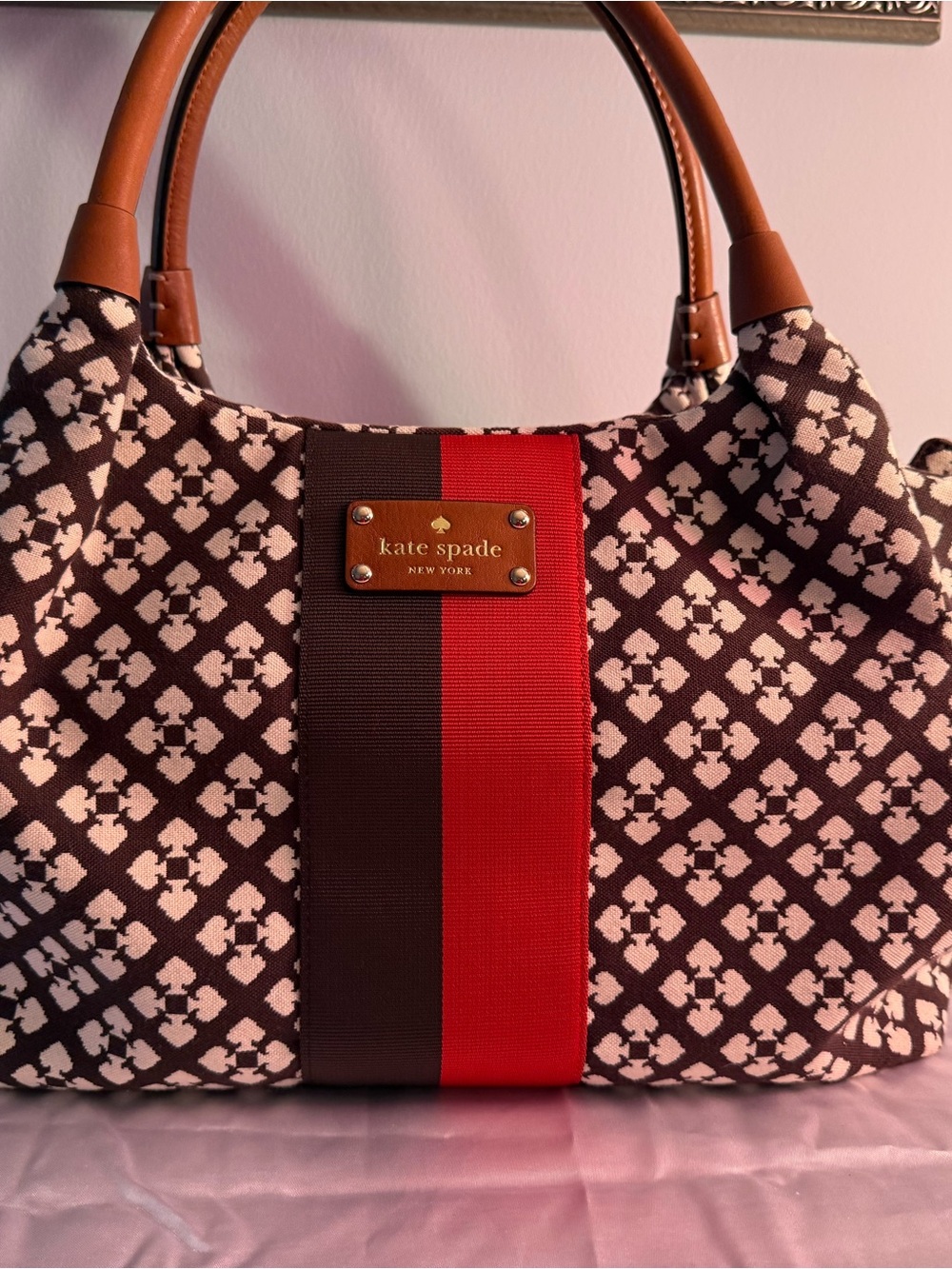 kate spade Brown and Red Patterned Tote with Leather Handles